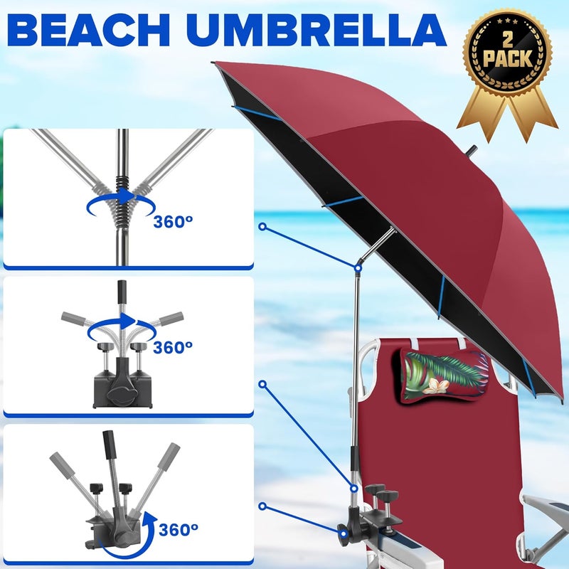 QTREE intelligence 2PACK 48.7inch Umbrella for Beach Chair, 360°Adjustable 50+ UV Protection Large Camping Chair Umbrella with Universal Clip for Glof Cart, Garden Table, Bleacher（Chair,Table not include） - Image 2